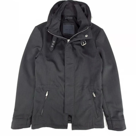ZARA Man, Size M, black rain jacket, thick/heavy, full front zip, hidden hood - Picture 1 of 14